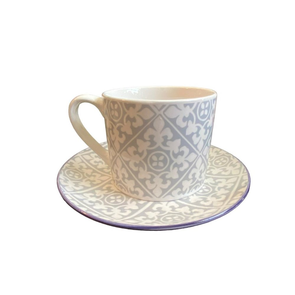 Large Fiorella Coffee mug and matching plate Gray and White